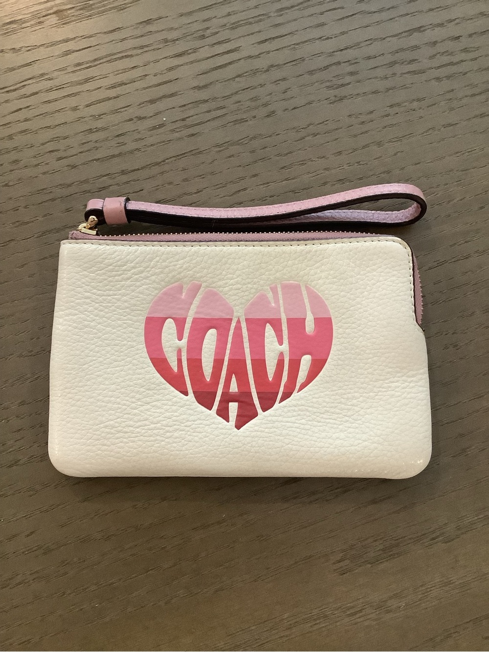 Coach White Leather Wristlet with Pink Heart Logo